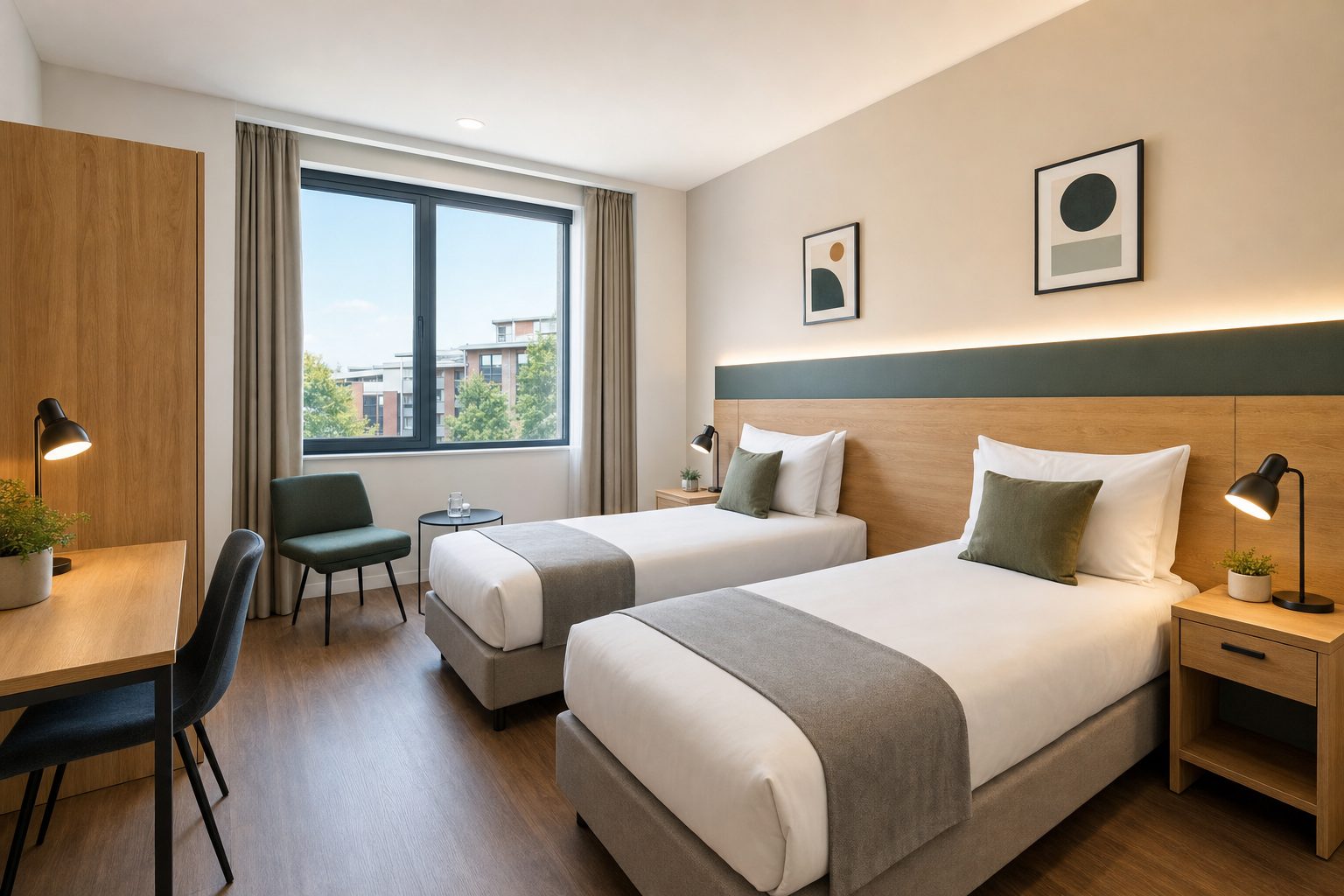 A bright twin room in modern commercial accommodation