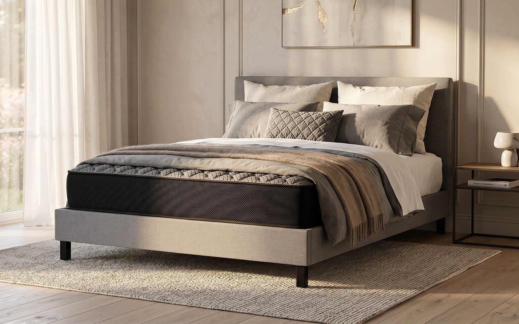 A made bed in a styled bedroom setting