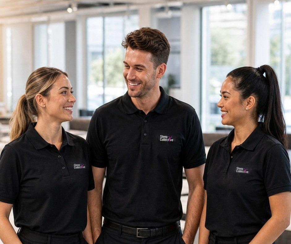 Three Sleep Collective team members in branded uniform in a mattress showroom